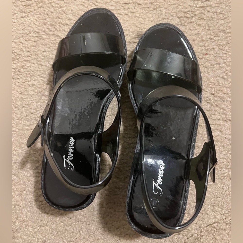 Black Strappy Mini Wedge-Platform Sandals